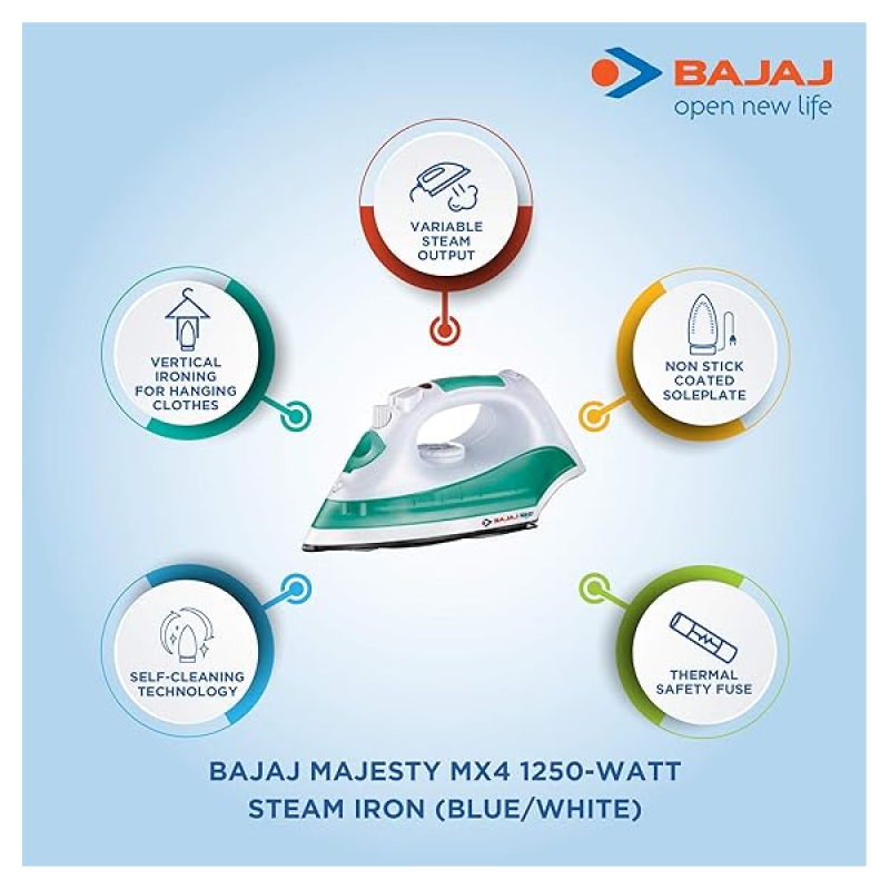 BAJAJ | MX 4 Neo | 1250 W | 440509 | Steam Iron | Blue/White BAJAJ | MX 4 Neo | 1250 W | 440509 | Steam Iron | Blue/White