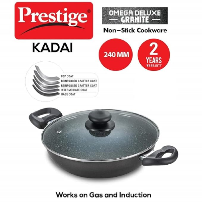 Prestige Omega Deluxe Non-Stick Kadhai | 2.4 litres | Black | Induction Base | Non-Stick Granite Finish | Scratch Resistant | Dishwasher Safe | Metal Spoon Friendly Prestige Omega Deluxe Non-Stick Kadhai | 2.4 litres | Black | Induction Base | Non-Stick Granite Finish | Scratch Resistant | Dishwasher Safe | Metal Spoon Friendly