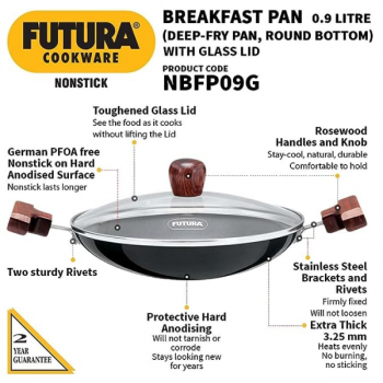 Hawkins Futura Appachatty | Breakfast Pan | Small Kadhai with Glass Lid | 0.9 L | NBFP09G Hawkins Futura Appachatty | Breakfast Pan | Small Kadhai with Glass Lid | 0.9 L | NBFP09G