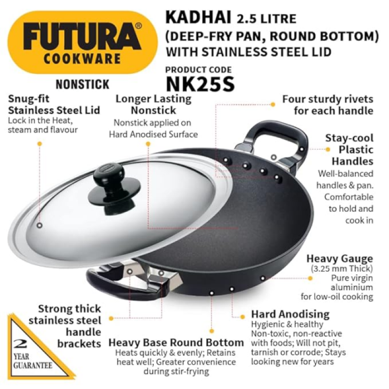 Hawkins Futura Nonstick Kadhai | 2.5 L | 26 cm | SS lid | Black Hawkins Futura Nonstick Kadhai | 2.5 L | 26 cm | SS lid | Black