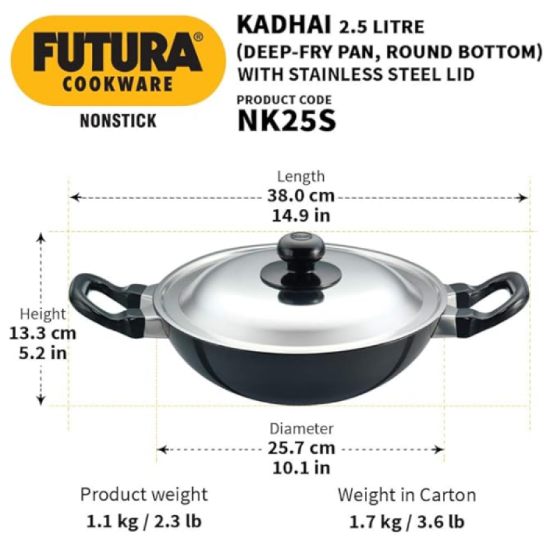 Hawkins Futura Nonstick Kadhai | 2.5 L | 26 cm | SS lid | Black Hawkins Futura Nonstick Kadhai | 2.5 L | 26 cm | SS lid | Black