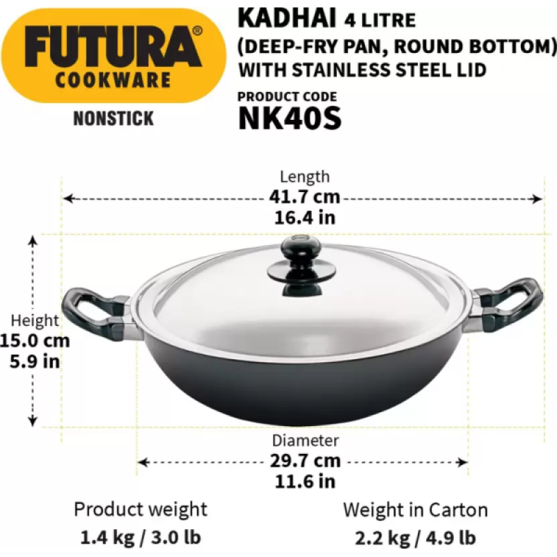 Hawkins Futura Nonstick Kadhai | 4 L | 30 cm | NK40S Hawkins Futura Nonstick Kadhai | 4 L | 30 cm | NK40S