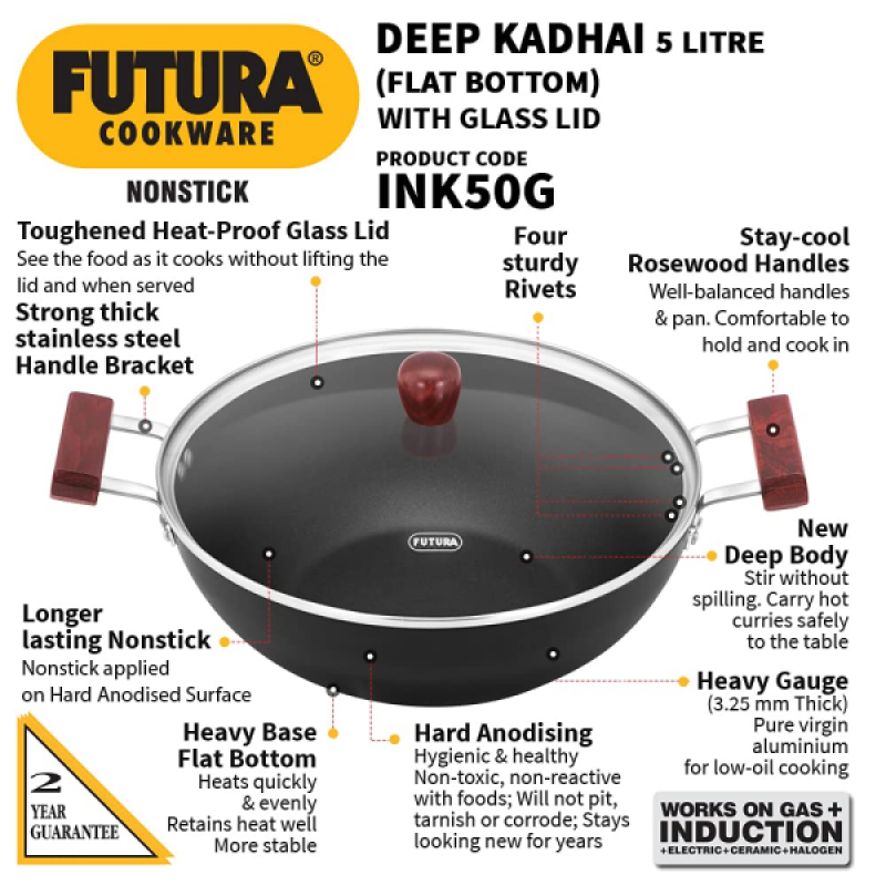 Hawkins Futura Deep Kadhai | Non Stick Kadai with Glass Lid | Flat Bottom Induction Kadhai | 5 L | INK50G Hawkins Futura Deep Kadhai | Non Stick Kadai with Glass Lid | Flat Bottom Induction Kadhai | 5 L | INK50G