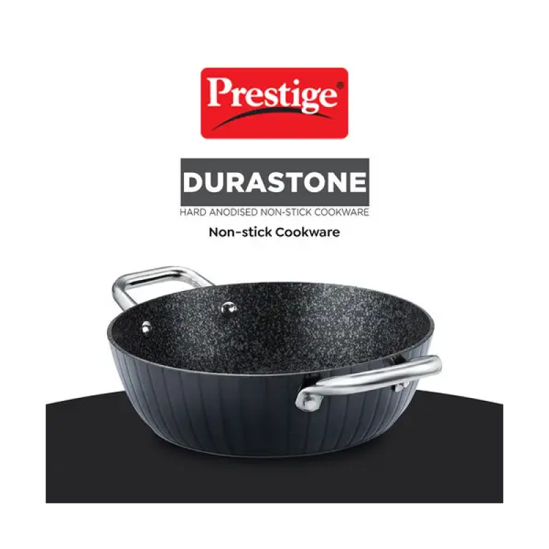 Prestige Durastone Hard Anodised 6 Layer Non Stick Kadai with Glass Lid | Black Prestige Durastone Hard Anodised 6 Layer Non Stick Kadai with Glass Lid | Black