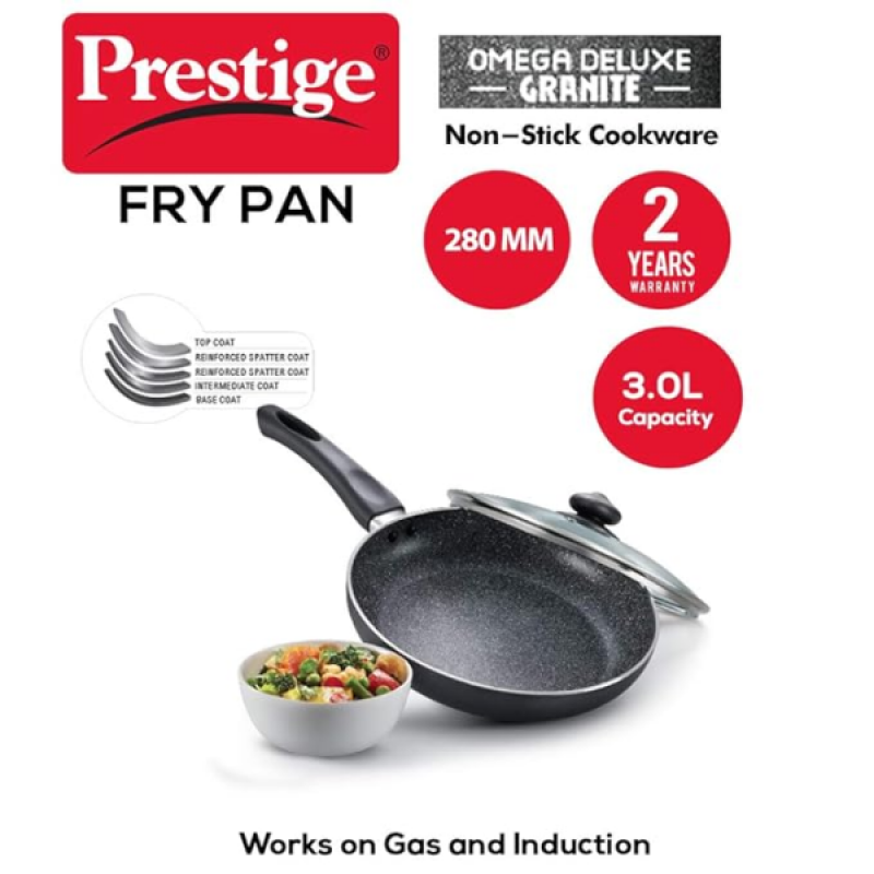 Prestige Aluminium Omega Deluxe Granite Fry Pan with Lid | 28 cm | Black Prestige Aluminium Omega Deluxe Granite Fry Pan with Lid | 28 cm | Black
