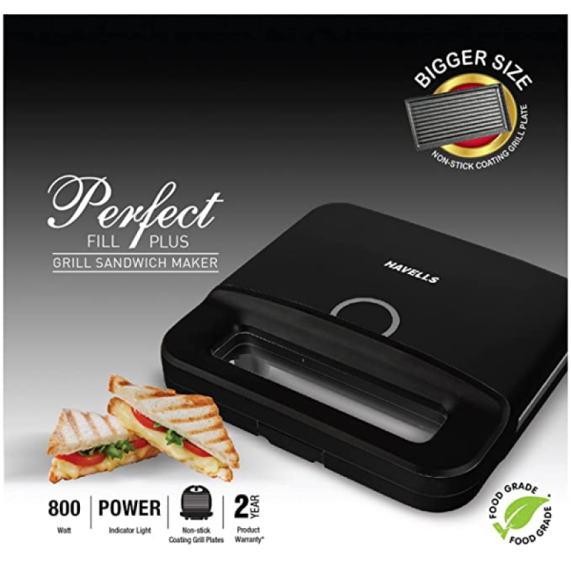 Havells Perfect Fill Plus 2 Slice Grill Sandwich Maker | 800 W | Black Havells Perfect Fill Plus 2 Slice Grill Sandwich Maker | 800 W | Black