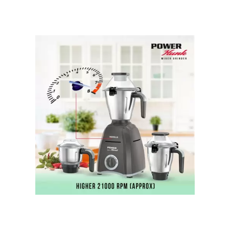 HAVELLS Power Hunk 800 W Mixer Grinder | 3 Jars | Grey HAVELLS Power Hunk 800 W Mixer Grinder | 3 Jars | Grey