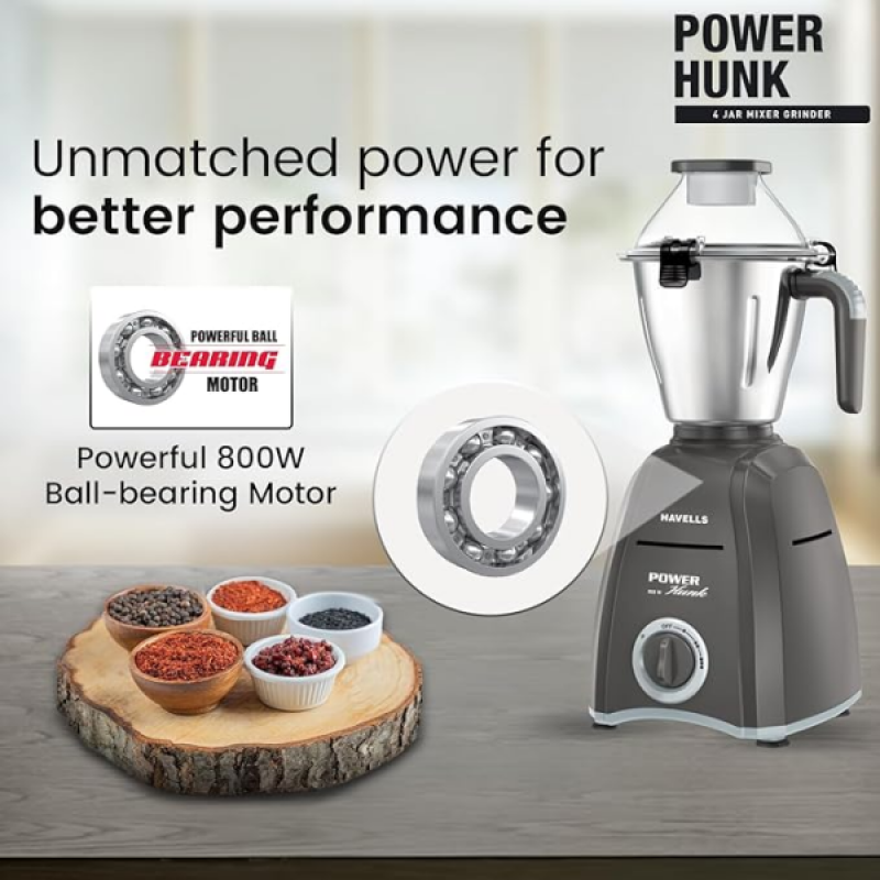 Havells Power Hunk Mixer Grinder | 800 watt | 4 Jars | Grey Havells Power Hunk Mixer Grinder | 800 watt | 4 Jars | Grey