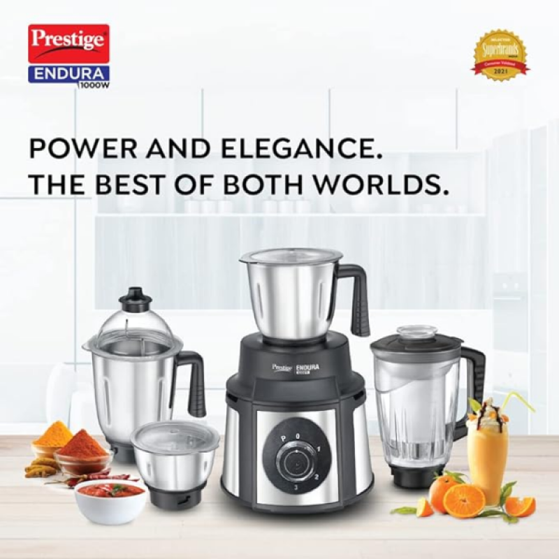 Prestige Endura Juicer Mixer Grinder | 1000 Watts | 4 Jars | Black & Silver