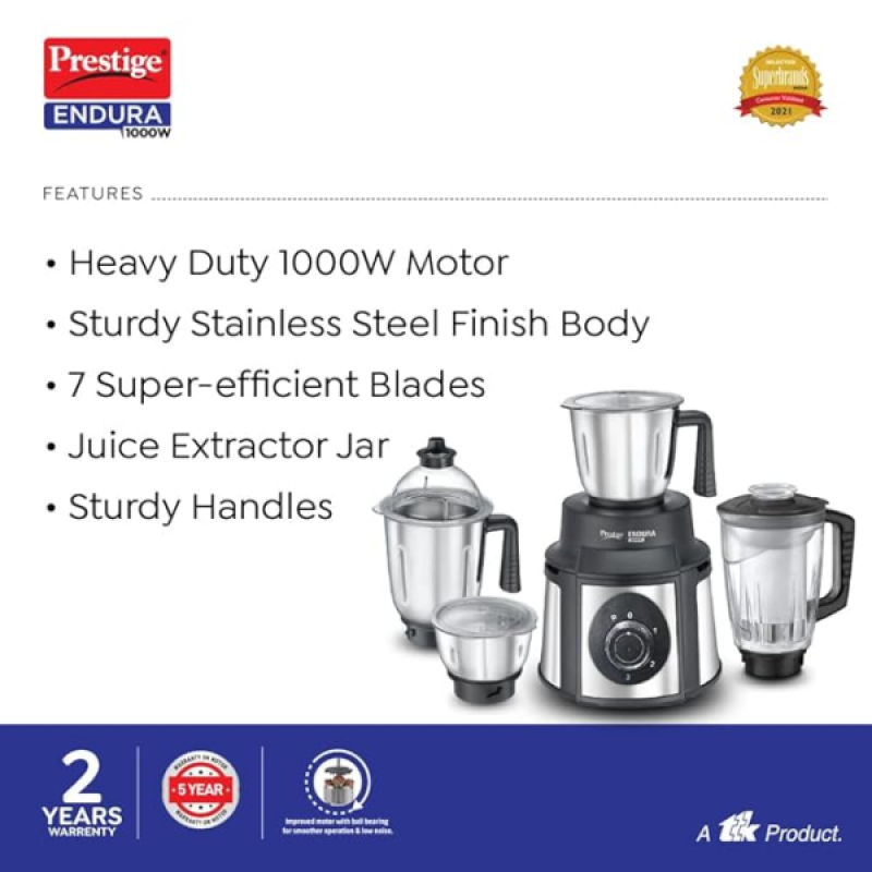 Prestige Endura Juicer Mixer Grinder | 1000 Watts | 4 Jars | Black & Silver Prestige Endura Juicer Mixer Grinder | 1000 Watts | 4 Jars | Black & Silver