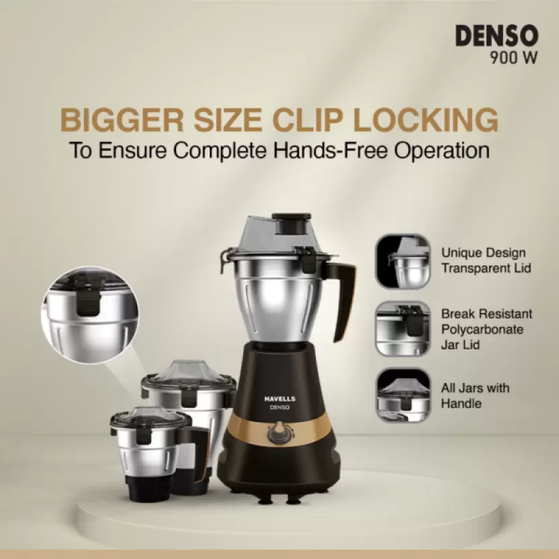 HAVELLS GHFMGEDK090 Denso 900 W Mixer Grinder | 3 Jars HAVELLS GHFMGEDK090 Denso 900 W Mixer Grinder | 3 Jars