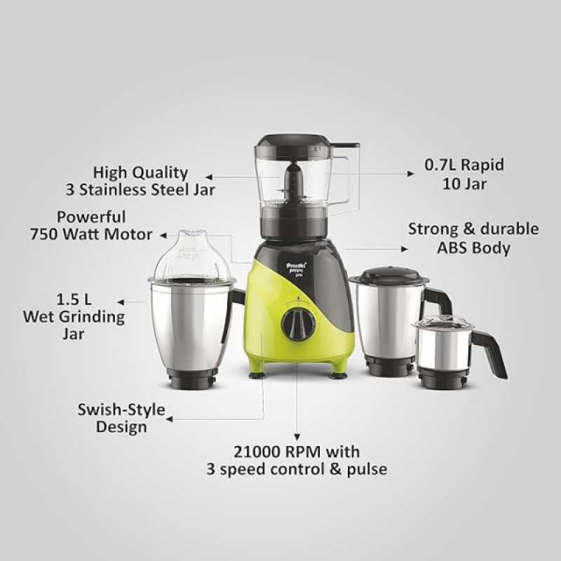 Preethi Peppy Pro Mixer Grinder for Kitchen | 750W | 4 Jars Preethi Peppy Pro Mixer Grinder for Kitchen | 750W | 4 Jars