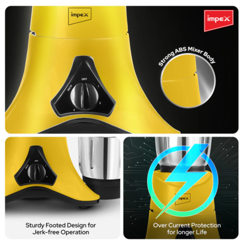 IMPEX Grind Q 600 Mixer Grinder | 600 W | 3 Jars | Yellow Black IMPEX Grind Q 600 Mixer Grinder | 600 W | 3 Jars | Yellow Black