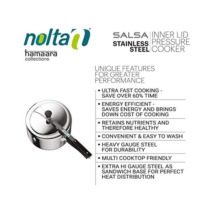 Nolta Stainless Steel Inner Lid Pressure Cooker | Salsa | 3 Ltr | Silver Nolta Stainless Steel Inner Lid Pressure Cooker | Salsa | 3 Ltr | Silver
