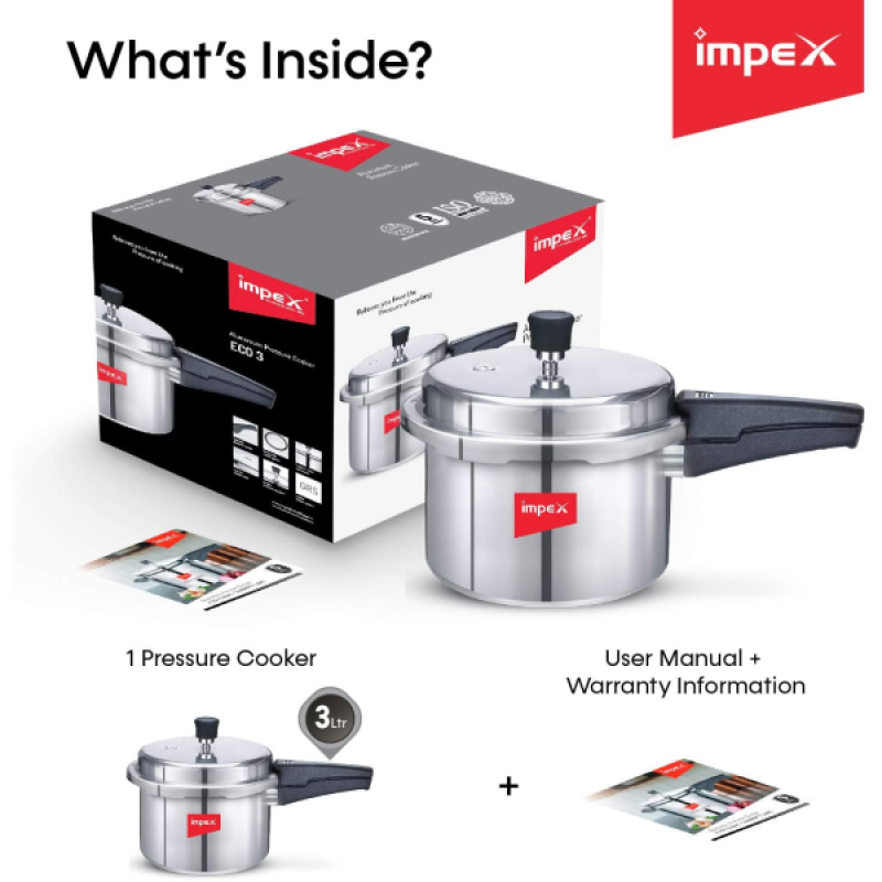 Impex ECO 3 Litre Induction Base Aluminium Pressure Cooker With Outer Lid Impex ECO 3 Litre Induction Base Aluminium Pressure Cooker With Outer Lid