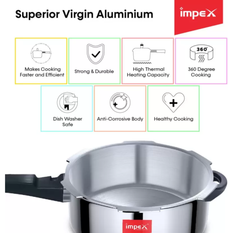 IMPEX Norma | Non-Induction Base Outer Lid Aluminium | 5 L Pressure Cooker | Aluminium | Silver IMPEX Norma | Non-Induction Base Outer Lid Aluminium | 5 L Pressure Cooker | Aluminium | Silver