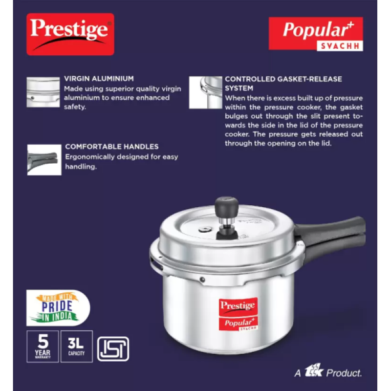 Prestige by TTK Popular Plus Svachh Induction Bottom Pressure Cooker | 3 L | Aluminium Prestige by TTK Popular Plus Svachh Induction Bottom Pressure Cooker | 3 L | Aluminium