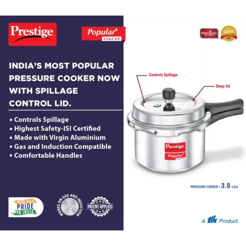 Prestige by TTK Popular Plus Svachh Induction Bottom Pressure Cooker | 3 L | Aluminium Prestige by TTK Popular Plus Svachh Induction Bottom Pressure Cooker | 3 L | Aluminium