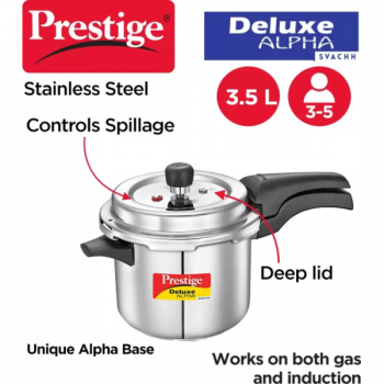 Prestige Deluxe Alpha Svachh Induction Bottom Pressure Cooker | 3.5 L | Stainless Steel Prestige Deluxe Alpha Svachh Induction Bottom Pressure Cooker | 3.5 L | Stainless Steel