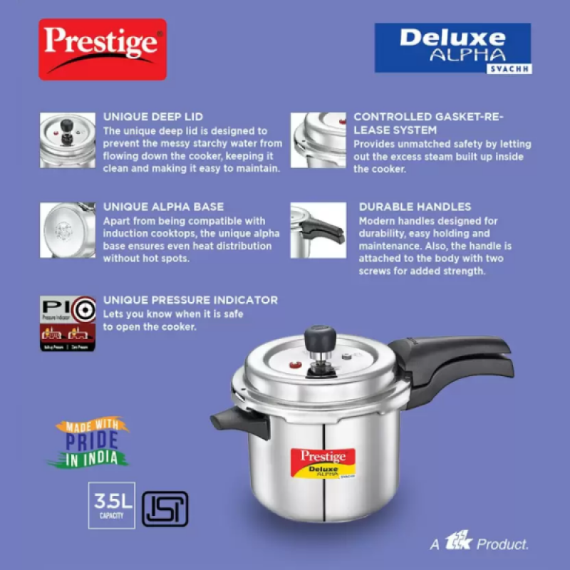 Prestige Deluxe Alpha Svachh Induction Bottom Pressure Cooker | 3.5 L | Stainless Steel Prestige Deluxe Alpha Svachh Induction Bottom Pressure Cooker | 3.5 L | Stainless Steel