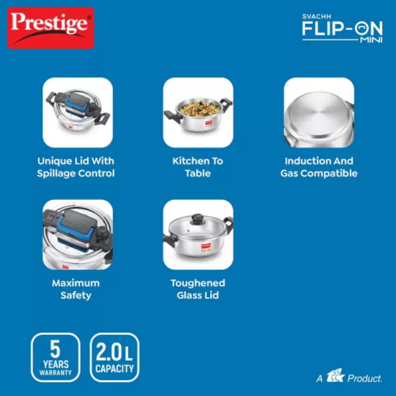 Prestige Svachh Flip-on Mini Stainless Steel Pressure Cooker | Spillage Control | 2 L | 18 cm | 20164 Prestige Svachh Flip-on Mini Stainless Steel Pressure Cooker | Spillage Control | 2 L | 18 cm | 20164