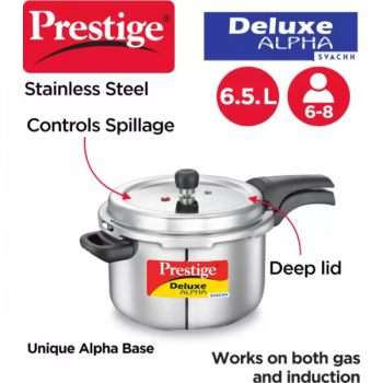 Prestige Deluxe Alpha Svachh Pressure Cooker | 6.5 L | Outer Lid Induction Bottom | Stainless Steel | 20252 Prestige Deluxe Alpha Svachh Pressure Cooker | 6.5 L | Outer Lid Induction Bottom | Stainless Steel | 20252