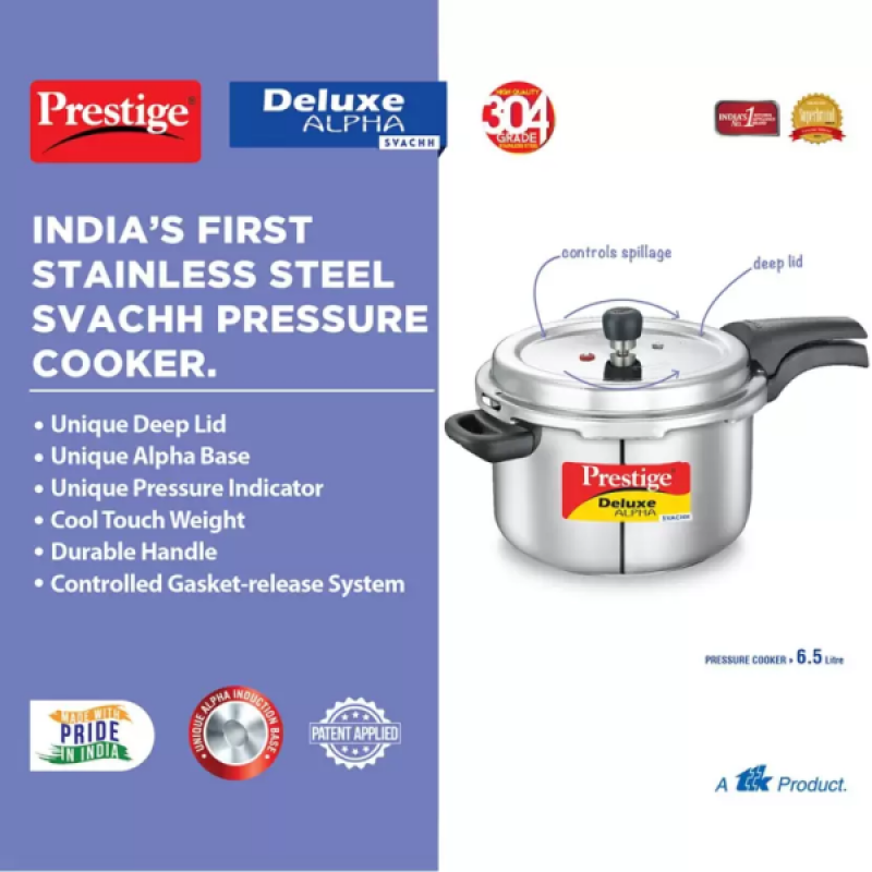 Prestige Deluxe Alpha Svachh Pressure Cooker | 6.5 L | Outer Lid Induction Bottom | Stainless Steel | 20252 Prestige Deluxe Alpha Svachh Pressure Cooker | 6.5 L | Outer Lid Induction Bottom | Stainless Steel | 20252