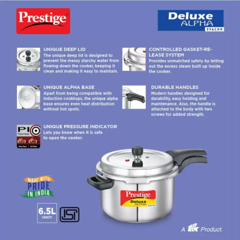 Prestige Deluxe Alpha Svachh Pressure Cooker | 6.5 L | Outer Lid Induction Bottom | Stainless Steel | 20252 Prestige Deluxe Alpha Svachh Pressure Cooker | 6.5 L | Outer Lid Induction Bottom | Stainless Steel | 20252