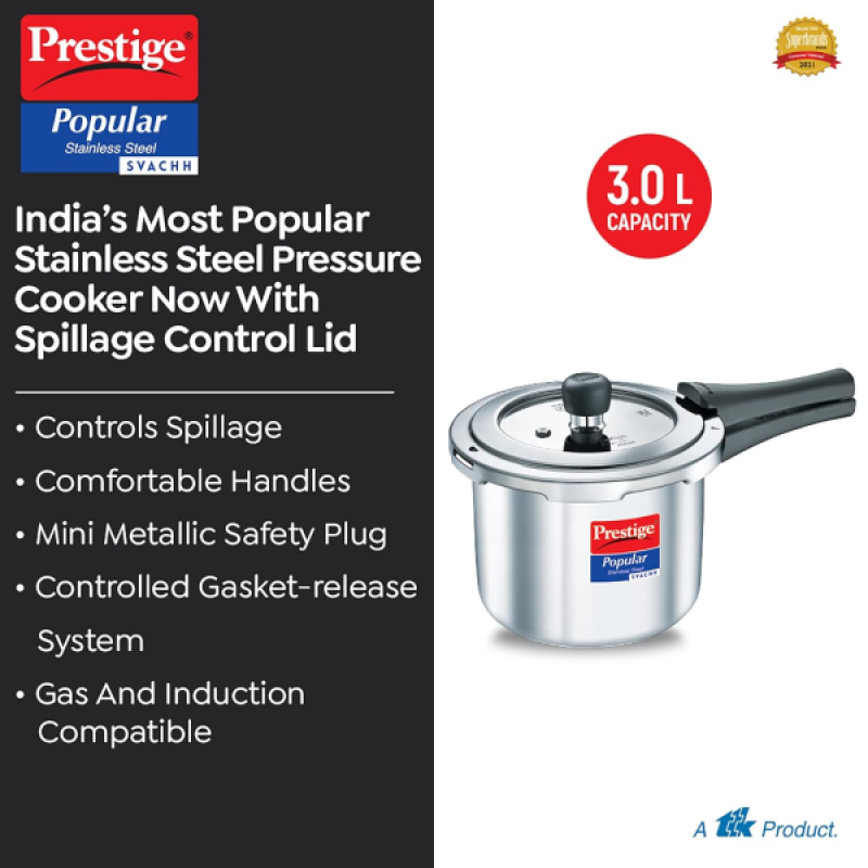 Prestige Popular Svachh Pressure Cooker | 3 L | Outer Lid | Spillage Control Stainless Steel | Silver | 20172 Prestige Popular Svachh Pressure Cooker | 3 L | Outer Lid | Spillage Control Stainless Steel | Silver | 20172