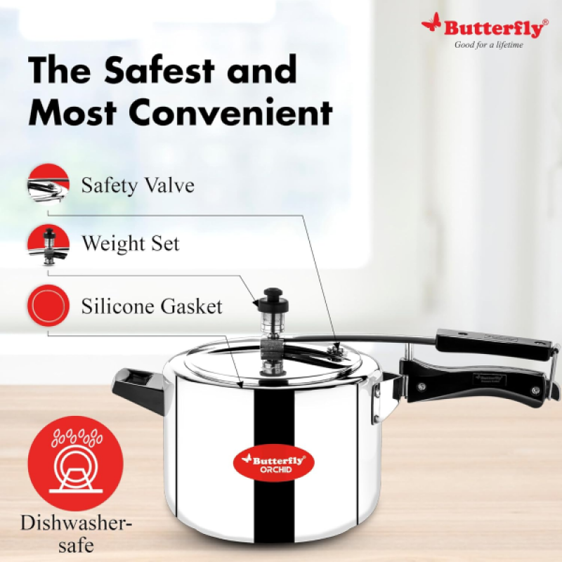 Butterfly Orchid 6 L Induction Bottom Pressure Cooker | Stainless Steel Butterfly Orchid 6 L Induction Bottom Pressure Cooker | Stainless Steel