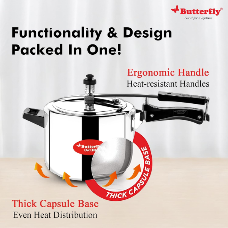 Butterfly Orchid 6 L Induction Bottom Pressure Cooker | Stainless Steel Butterfly Orchid 6 L Induction Bottom Pressure Cooker | Stainless Steel