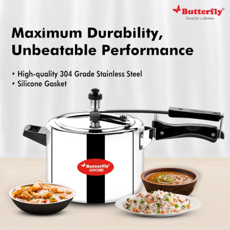 Butterfly Orchid 6 L Induction Bottom Pressure Cooker | Stainless Steel Butterfly Orchid 6 L Induction Bottom Pressure Cooker | Stainless Steel