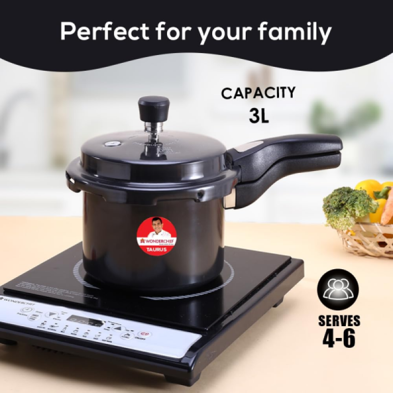 Wonderchef Taurus Hard Anodized Outer Lid Pressure cooker | 3L | Black Wonderchef Taurus Hard Anodized Outer Lid Pressure cooker | 3L | Black