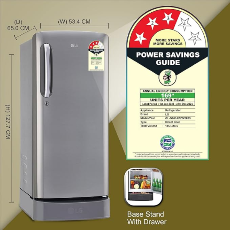 LG Direct-Cool Single Door Refrigerator | 185 L | 3 Star | Shiny Steel | GL-D201APZD LG Direct-Cool Single Door Refrigerator | 185 L | 3 Star | Shiny Steel | GL-D201APZD
