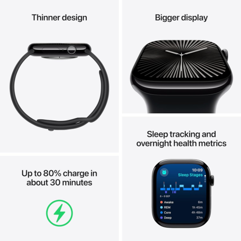Apple Watch Series 10 | GPS | 42mm | M/L | Jet Black Aluminium with Sport Band | Black Strap | MWWF3HN/A Apple Watch Series 10 | GPS | 42mm | M/L | Jet Black Aluminium with Sport Band | Black Strap | MWWF3HN/A