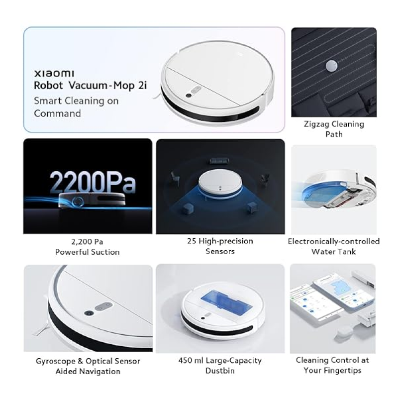 MI Xiaomi Robot Vacuum-Mop 2i 2200 Pa Powerful Suction 450 mL | Electronically Controlled | 270 mL Water Tank | remotely via app Alexa GA Enabled | White MI Xiaomi Robot Vacuum-Mop 2i 2200 Pa Powerful Suction 450 mL | Electronically Controlled | 270 mL Water Tank | remotely via app Alexa GA Enabled | White