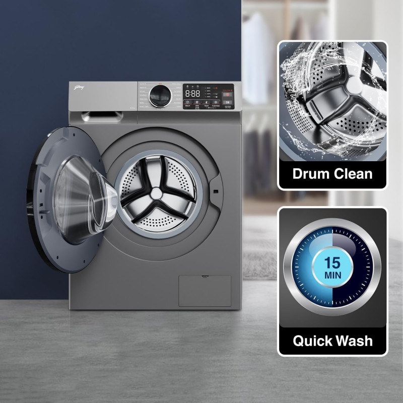 Godrej Fully Automatic Front Load Washing Machine | 8.0Kg | Silver Stream | WFEON CEL 8014 IEBT SLSR Godrej Fully Automatic Front Load Washing Machine | 8.0Kg | Silver Stream | WFEON CEL 8014 IEBT SLSR