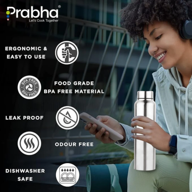 Prabha Stainless Steel Water Bottle | Classic Chromo | 1000ML Prabha Stainless Steel Water Bottle | Classic Chromo | 1000ML