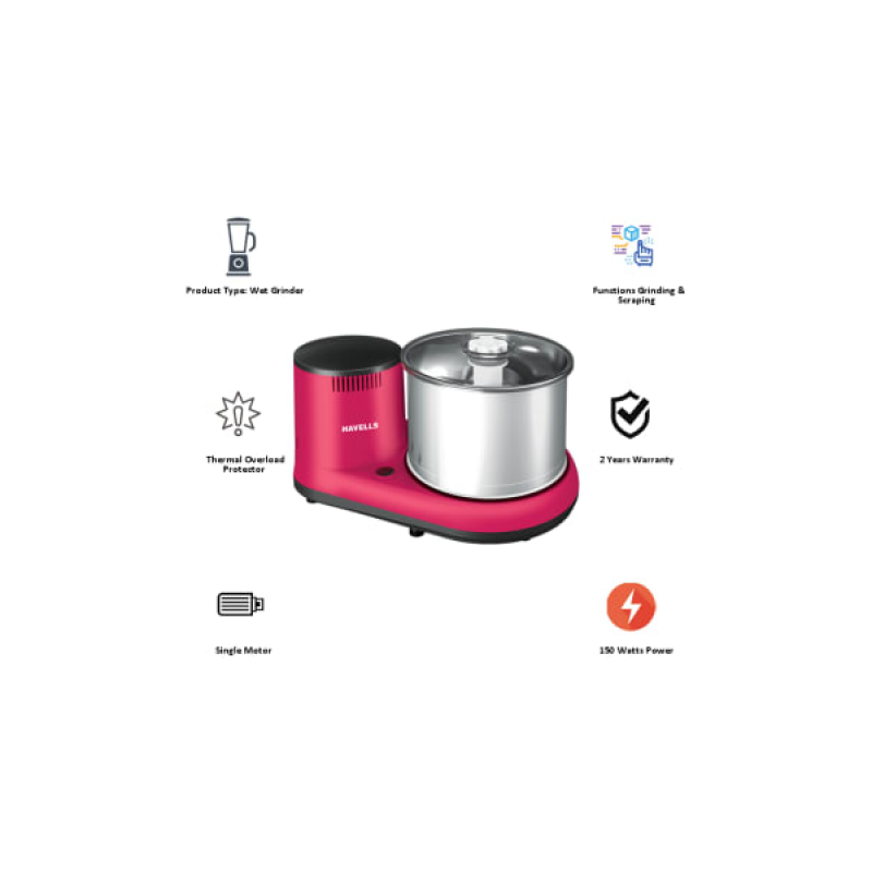 Havells Alai Wet Grinder | 150 W | 2 L | Pink & Silver Havells Alai Wet Grinder | 150 W | 2 L | Pink & Silver