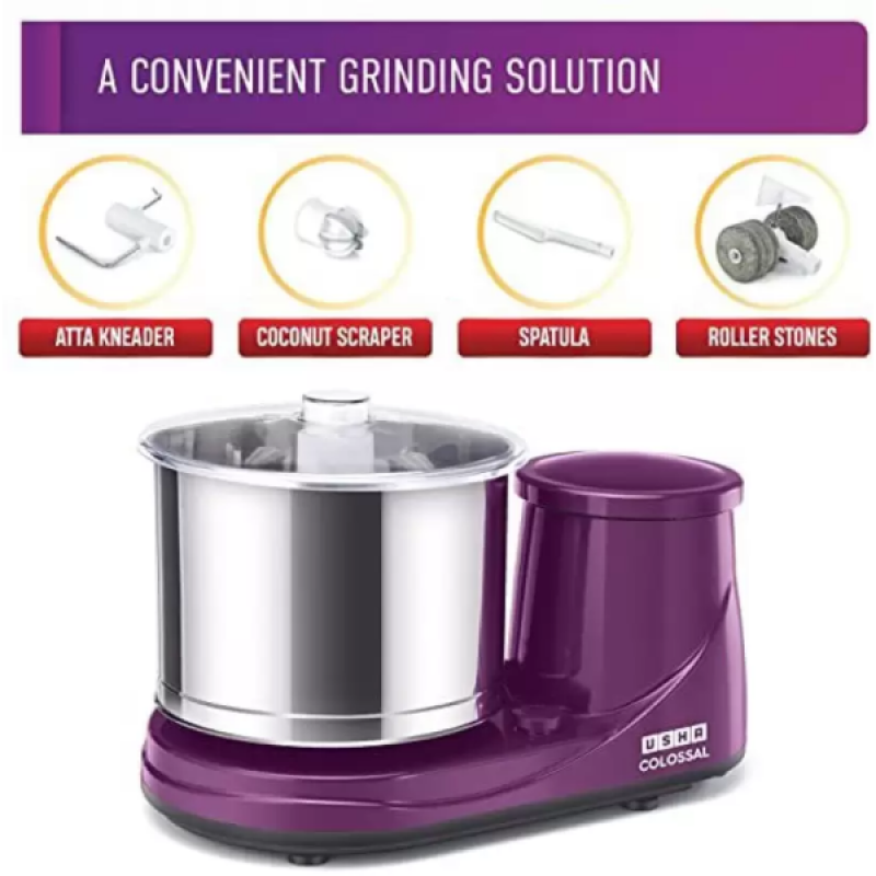USHA Colossal 2 Stones Wet Grinder | with Coconut Scrapper & Atta Kneader | 2 L USHA Colossal 2 Stones Wet Grinder | with Coconut Scrapper & Atta Kneader | 2 L