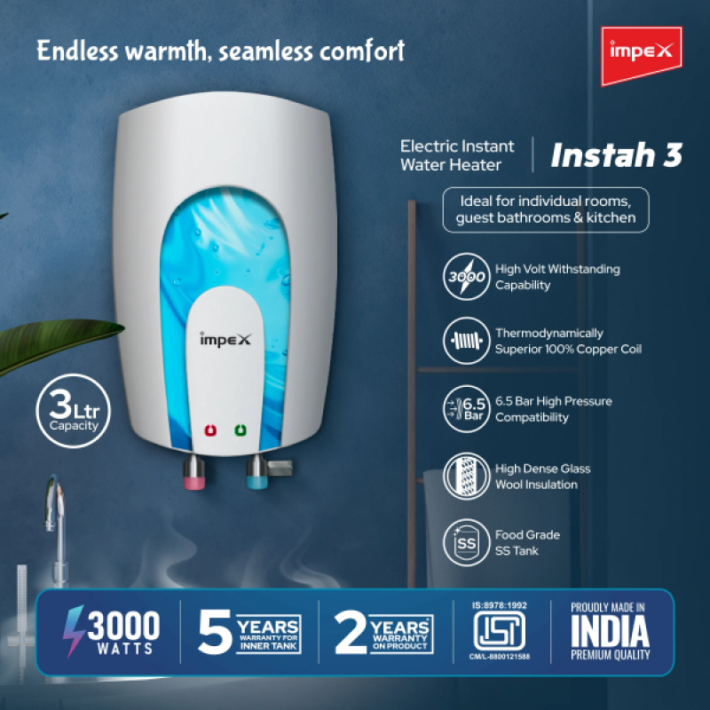 Impex INSTAH 3 Instant Water Heater | 3L | 3000W | High-Pressure 6.5 Bar | Rapid Heating | White Impex INSTAH 3 Instant Water Heater | 3L | 3000W | High-Pressure 6.5 Bar | Rapid Heating | White
