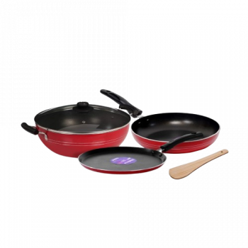 Blueberry’s Premium Nonstick Kadai Tawa Fry Pan Combo | Kitchen Cookware Set Combo with Glass Lid | Red