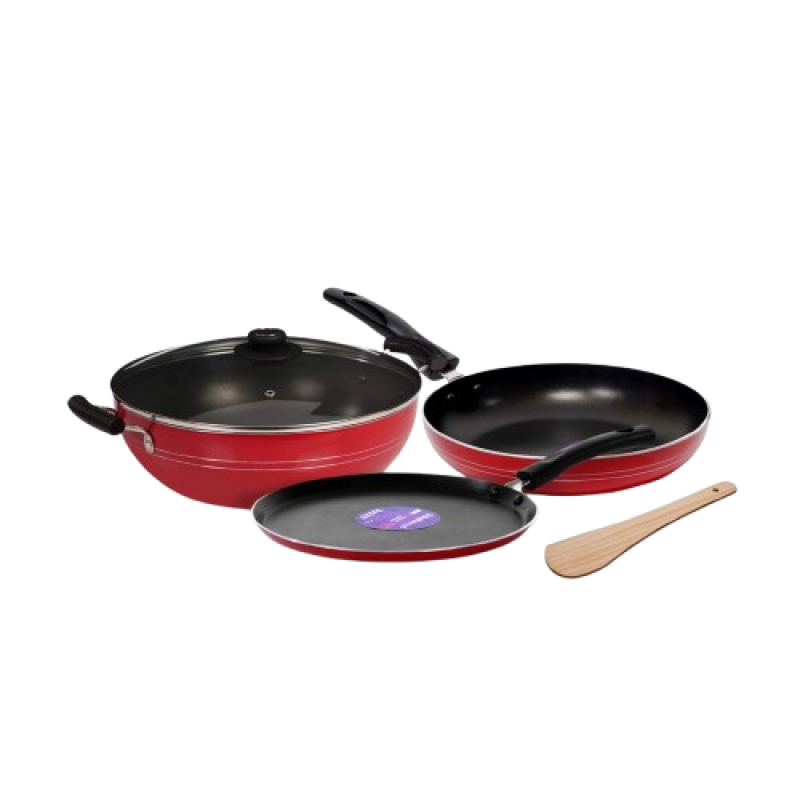 Blueberry’s Premium Nonstick Kadai Tawa Fry Pan Combo | Kitchen Cookware Set Combo with Glass Lid | Red